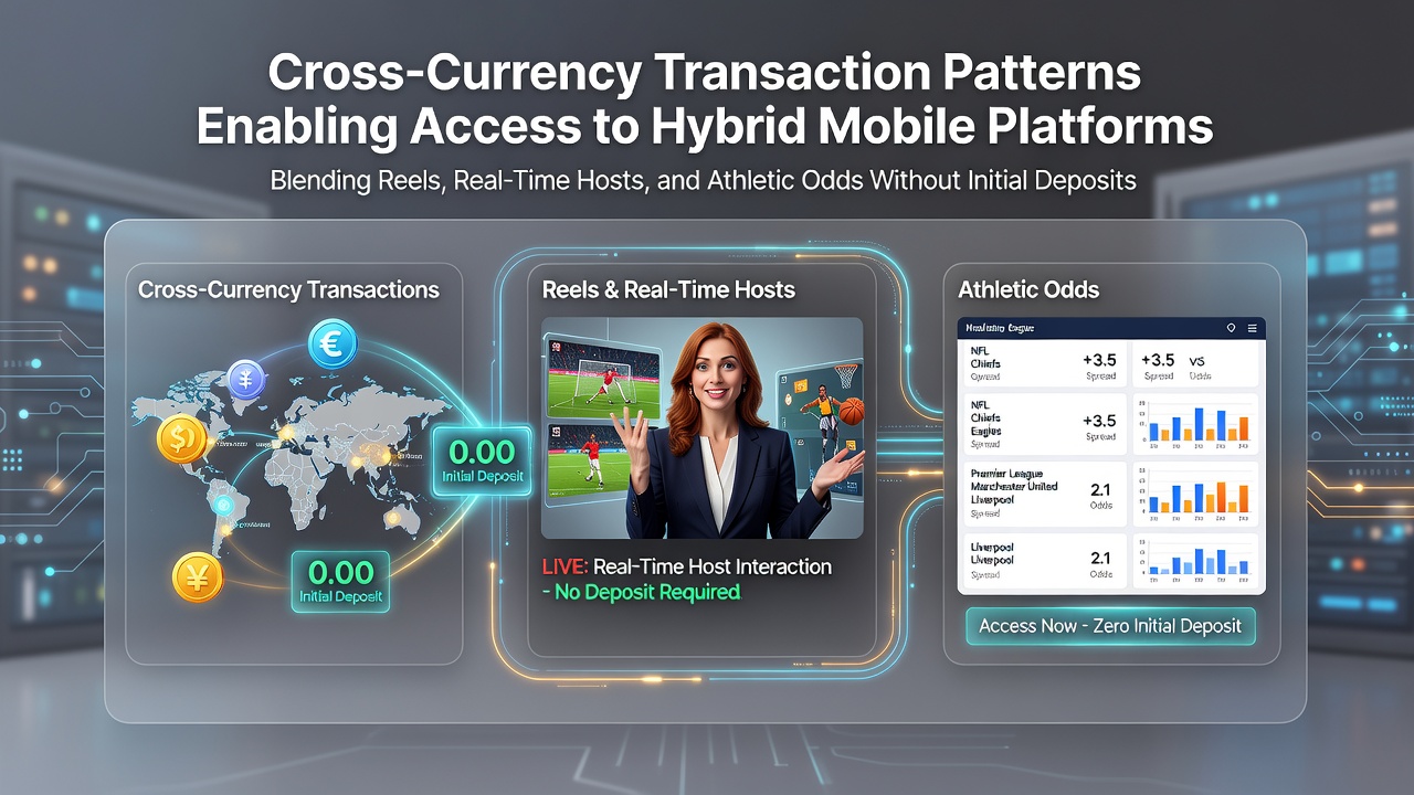 Cross-currency transaction patterns displayed on mobile screens showing hybrid platform access without deposits