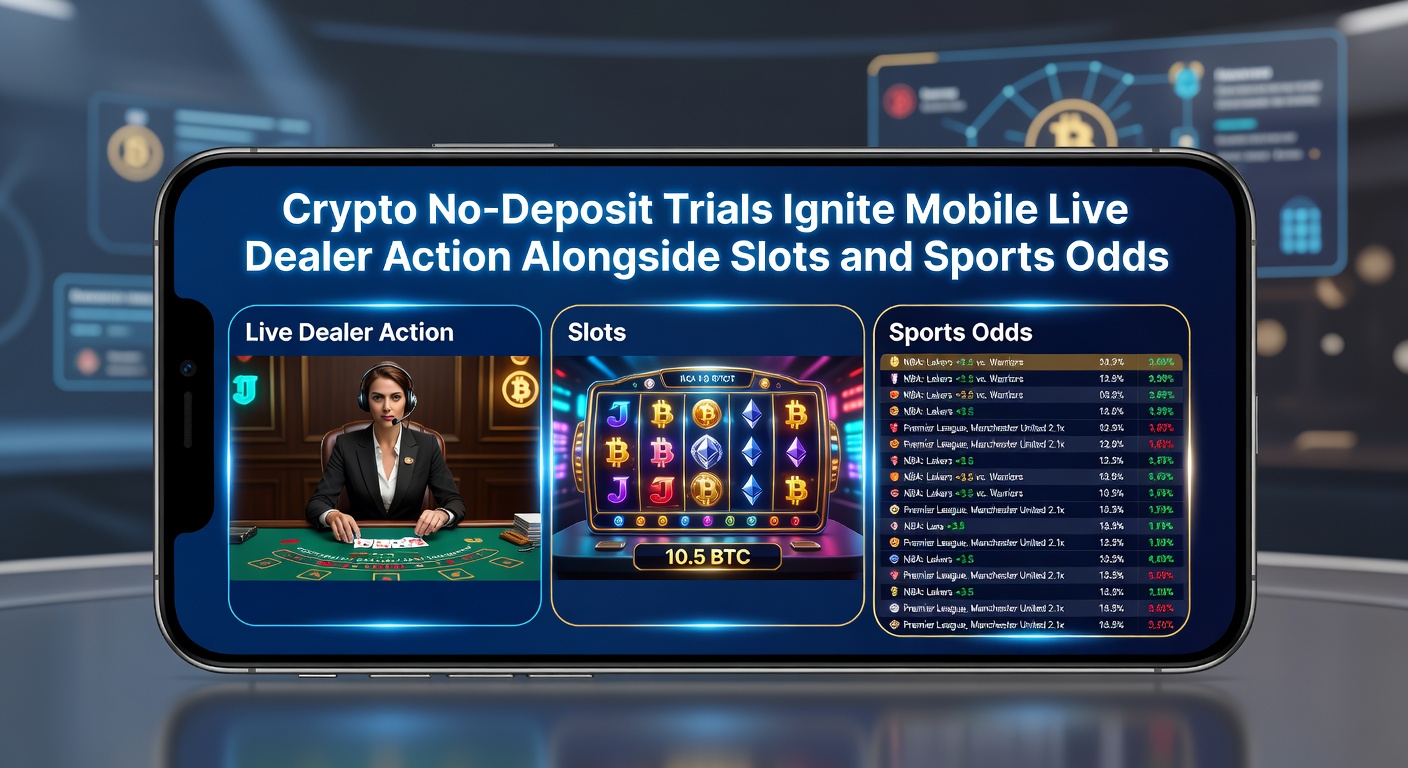 Mobile screen showing a live dealer game with crypto wallet interface and no-deposit bonus prompt