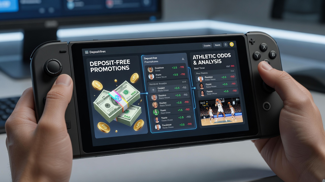 Mobile gaming interface showing deposit-free bonus activation alongside live sports betting odds on a smartphone screen