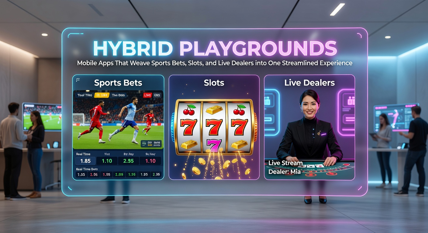 Mobile phone screen displaying a hybrid app interface with sports betting odds, colorful slot reels spinning, and a live dealer at a blackjack table, all accessible from a single dashboard