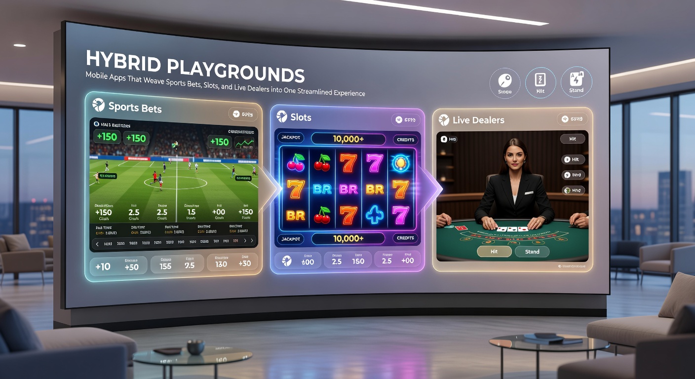 Close-up of a user's hand holding a smartphone, app open to a split-screen view showing live NFL betting slips next to spinning slot wheels and a streamed dealer game in progress