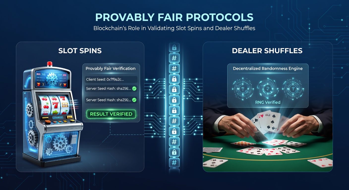 Blockchain network visualizing provably fair slot spin verification with cryptographic hashes and transparent ledgers