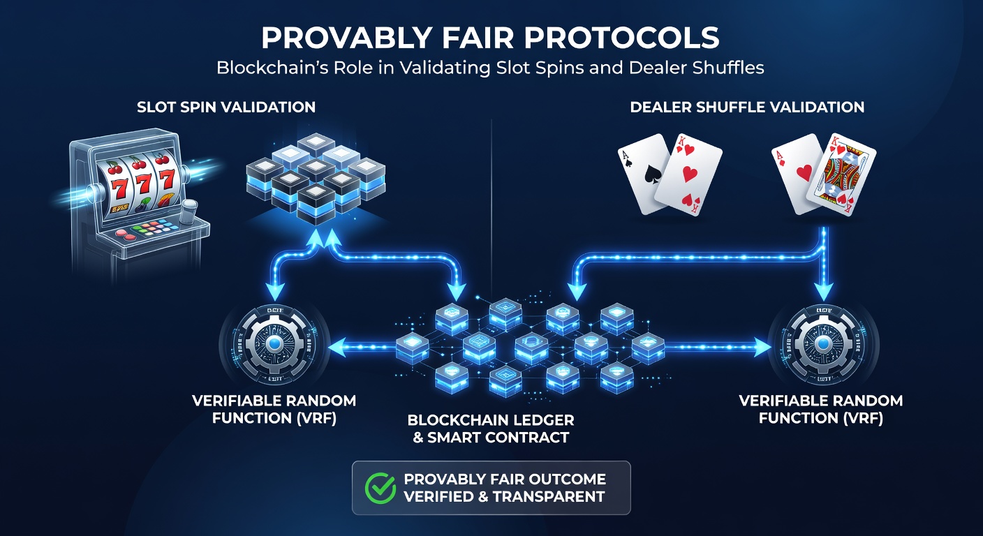 Live dealer shuffle sequence on blockchain ledger, showing cryptographic proofs and timestamped validations for transparency