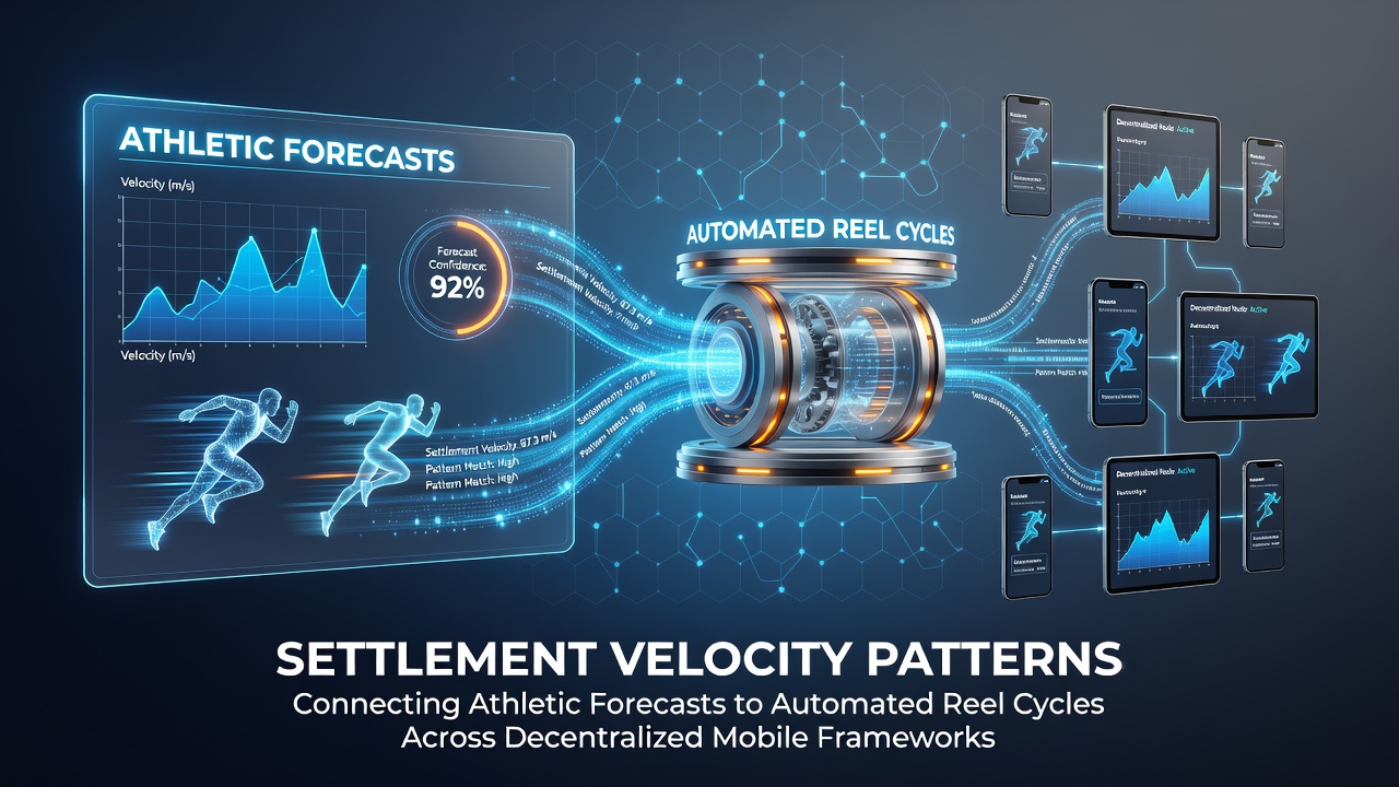Decentralized mobile framework diagram showing connections between athletic forecasts and automated reel cycles