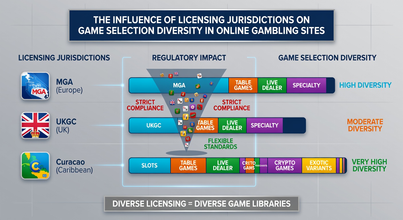 Comparison chart showing game diversity levels across major licensing jurisdictions as of 2026